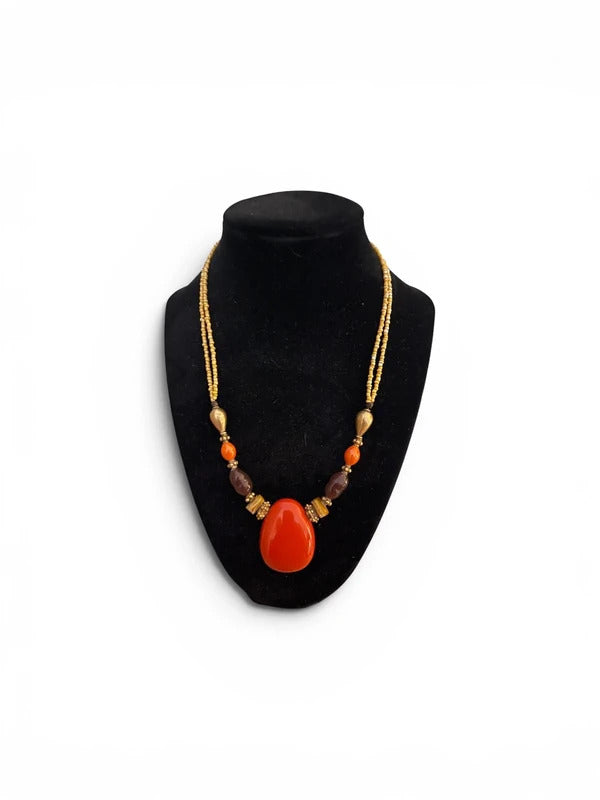 Vintage Bohemian-Style Beaded Necklace with Large Orange Pendant