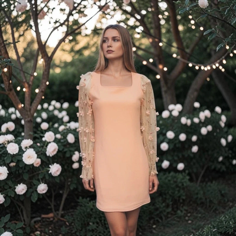 Pink Mesh Flounce Sleeve Appliqués Dress (SHEIN)