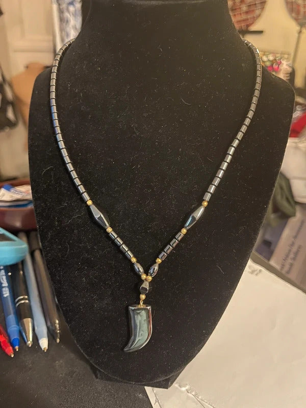 Vintage Hematite Beaded Necklace (Horn tooth Necklace)