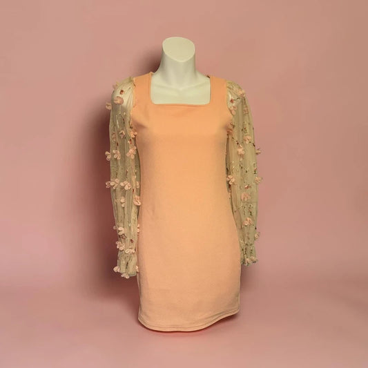 Pink Mesh Flounce Sleeve Appliqués Dress (SHEIN)