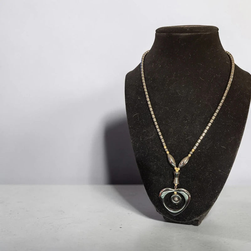 Vintage Hematite Beaded Necklace with (Heart Pendant)