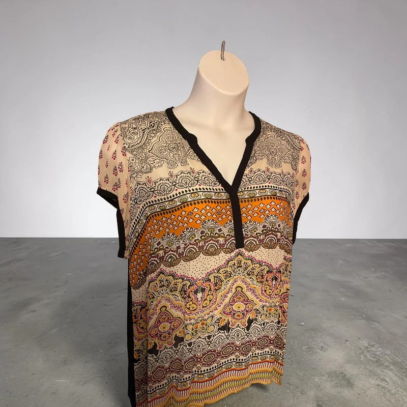 Billa Women’s Paisley Print V-Neck Lace Trim Short Sleeve Top”