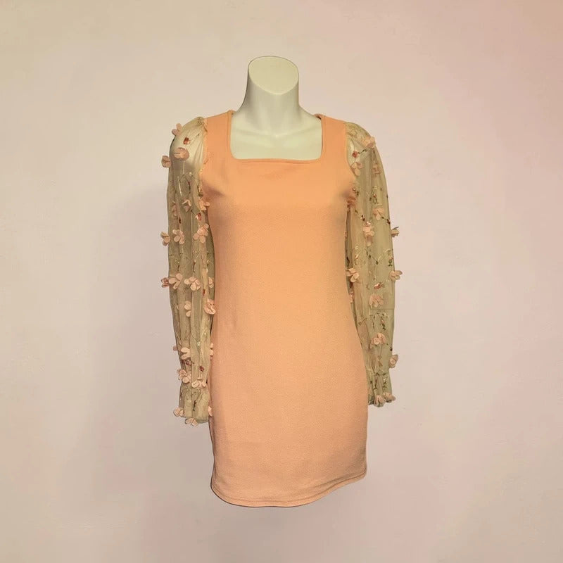 Pink Mesh Flounce Sleeve Appliqués Dress (SHEIN)